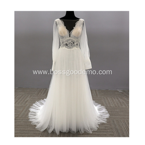 flower decorate Half Long Sleeves Bridal white ball wedding gown